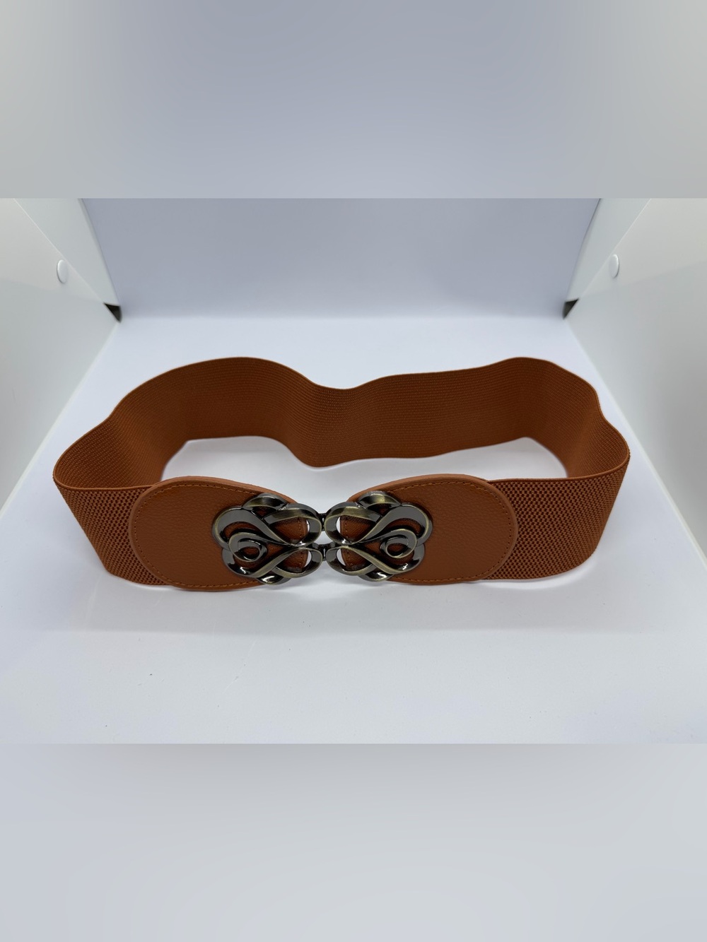 Wide Tan Elastic Waist Belt with Decorative Silver-Tone Buckle